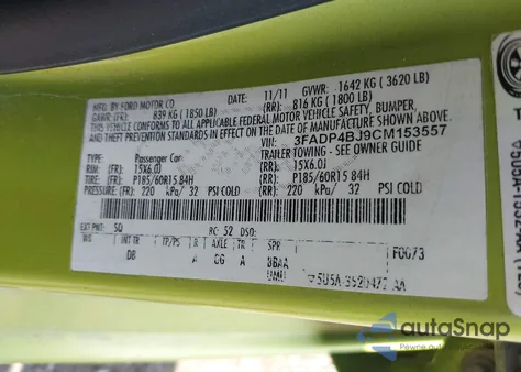 2012 Ford Fiesta Se z USA, uszkodzony, nr VIN 3FADP4BJ9CM153557